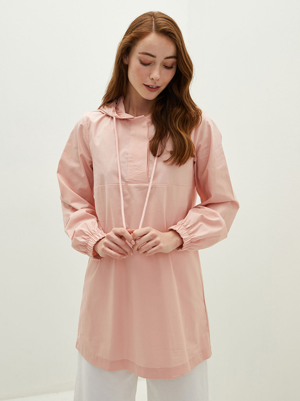 Hooded Collar Straight Long Sleeve Poplin Women's Tunic
