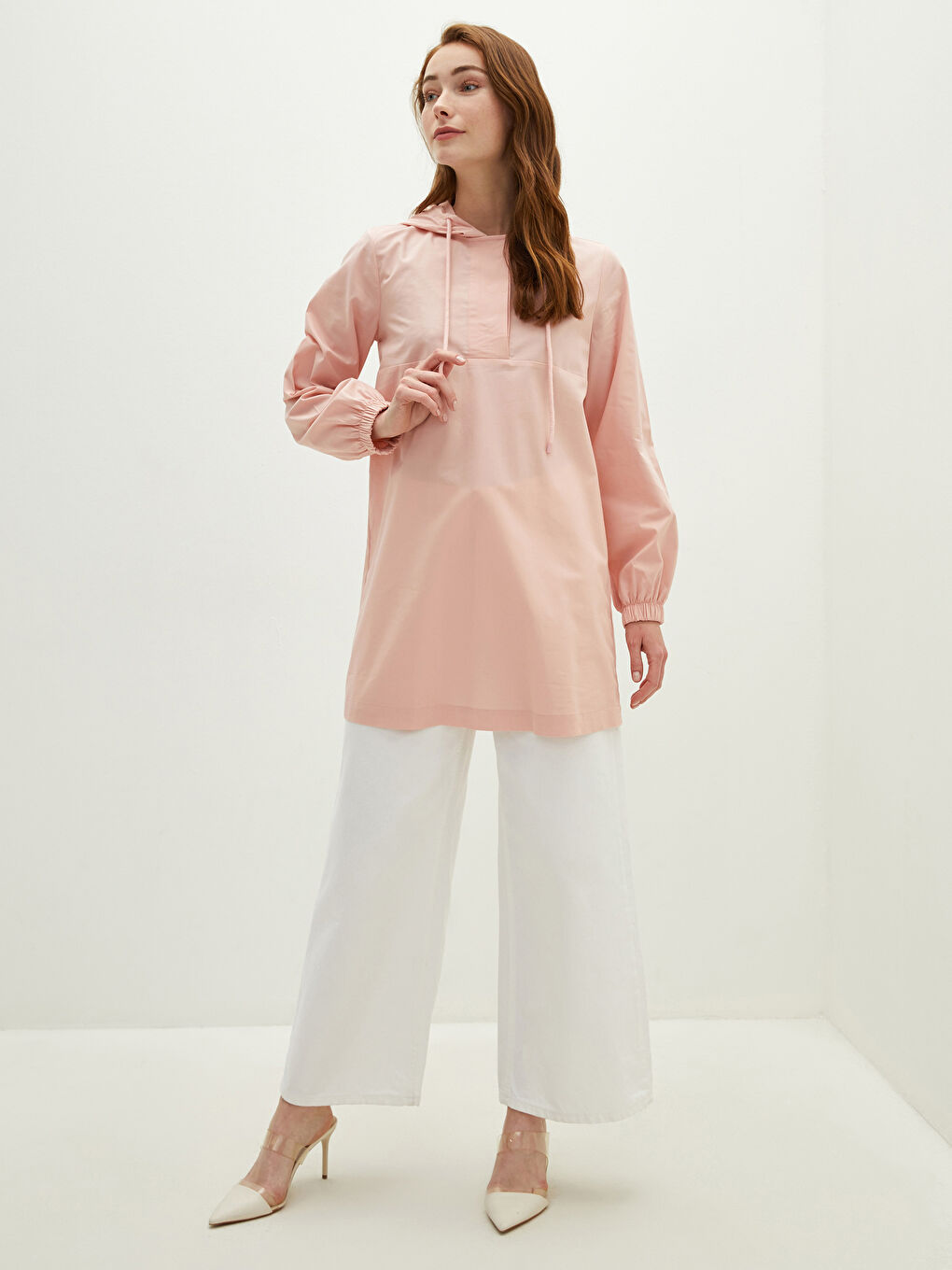 Hooded Collar Straight Long Sleeve Poplin Women's Tunic-2