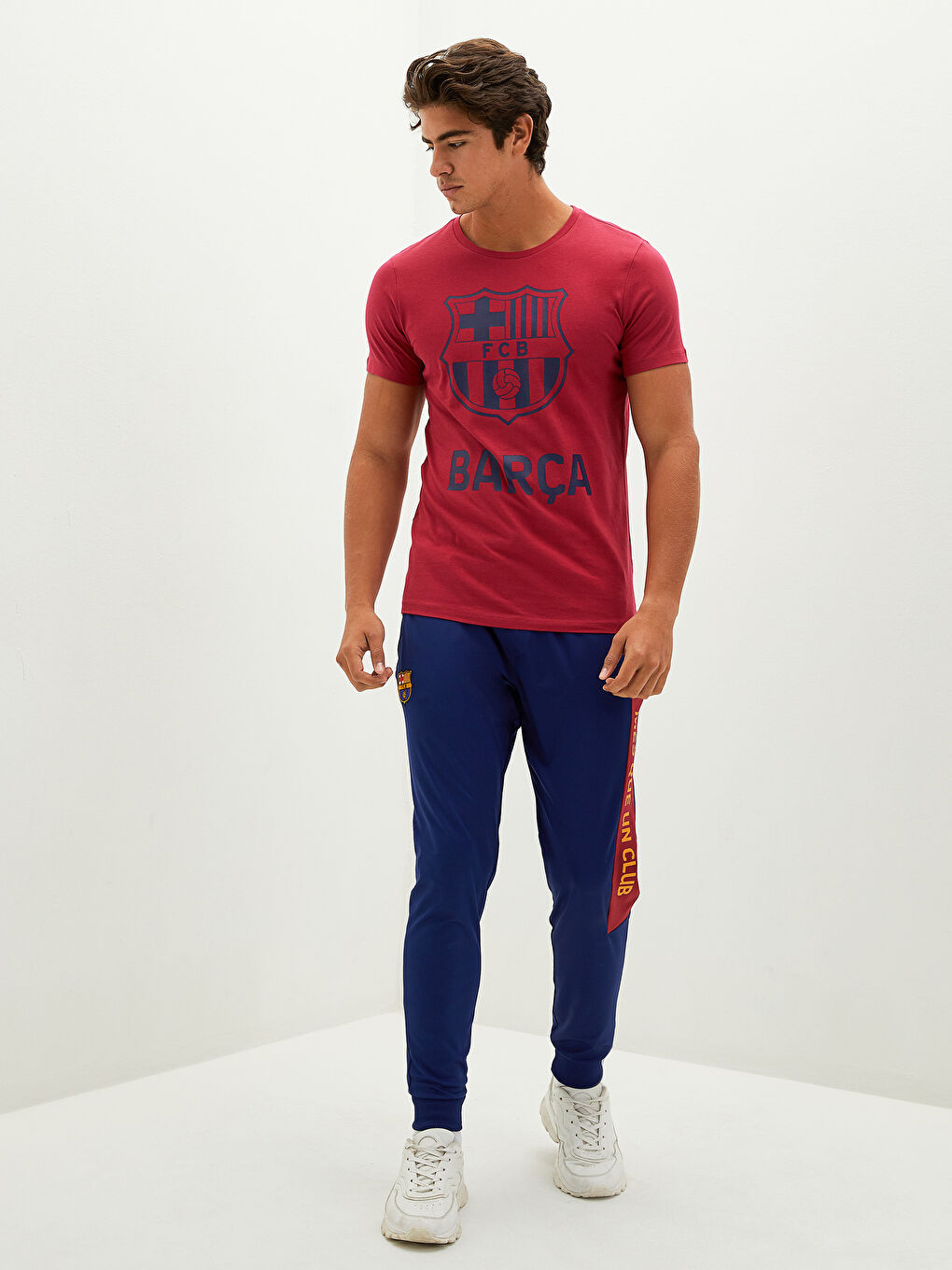Bordo Bisiklet Yaka Kısa Kollu Barcelona Baskılı Aktif Spor Penye Erkek Taraftar Tişört-2