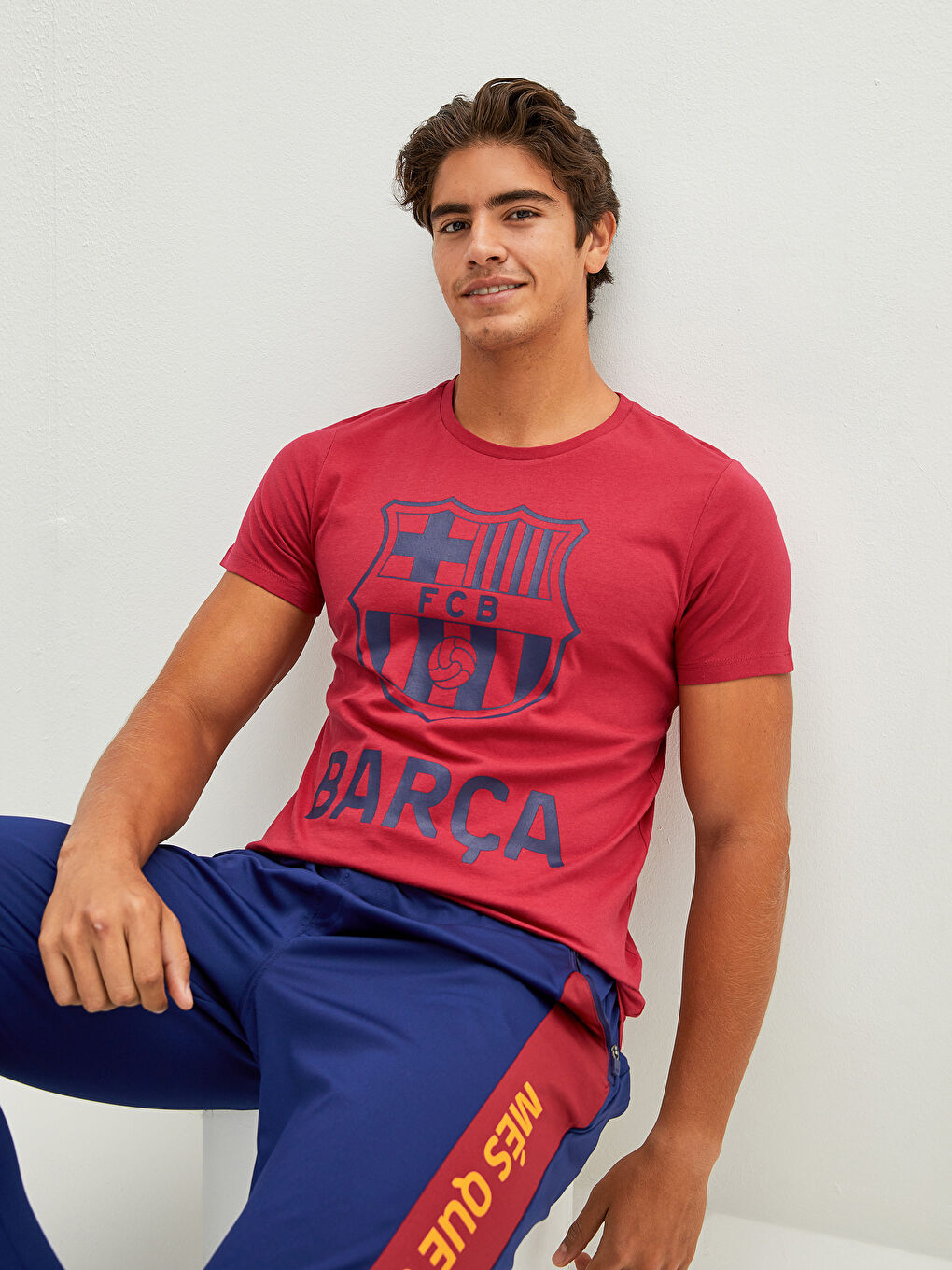 Bordo Bisiklet Yaka Kısa Kollu Barcelona Baskılı Aktif Spor Penye Erkek Taraftar Tişört-4