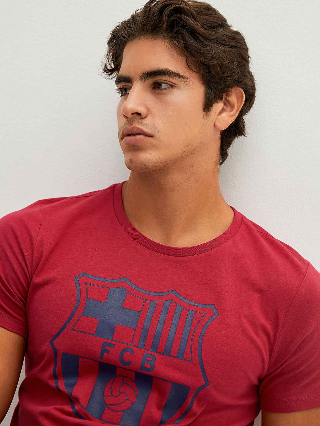 Bordo Bisiklet Yaka Kısa Kollu Barcelona Baskılı Aktif Spor Penye Erkek Taraftar Tişört