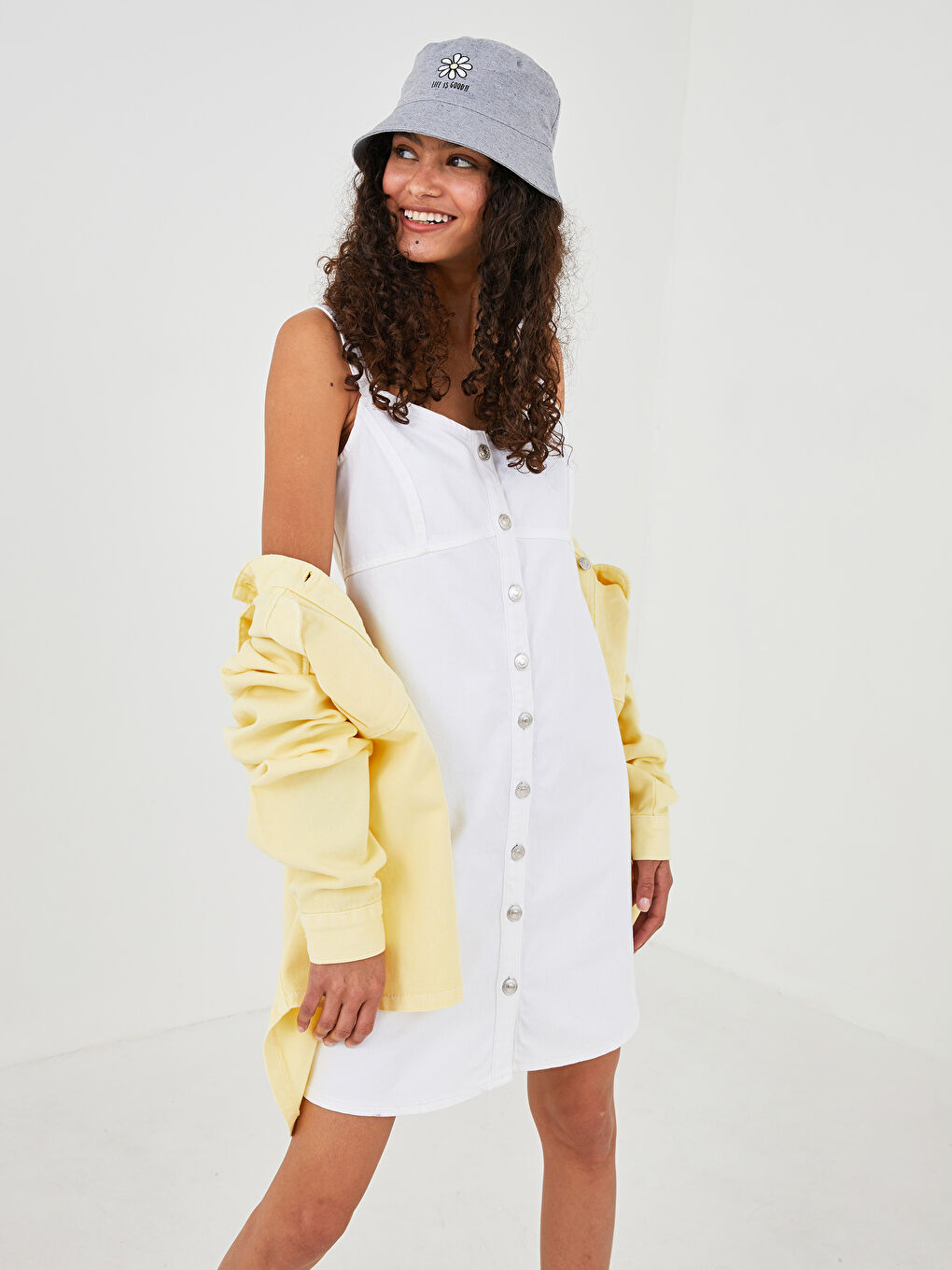 Ženska Teksas Haljina Ravnog Kroja sa V-Izrezom i Kaiševima od Konopca-1