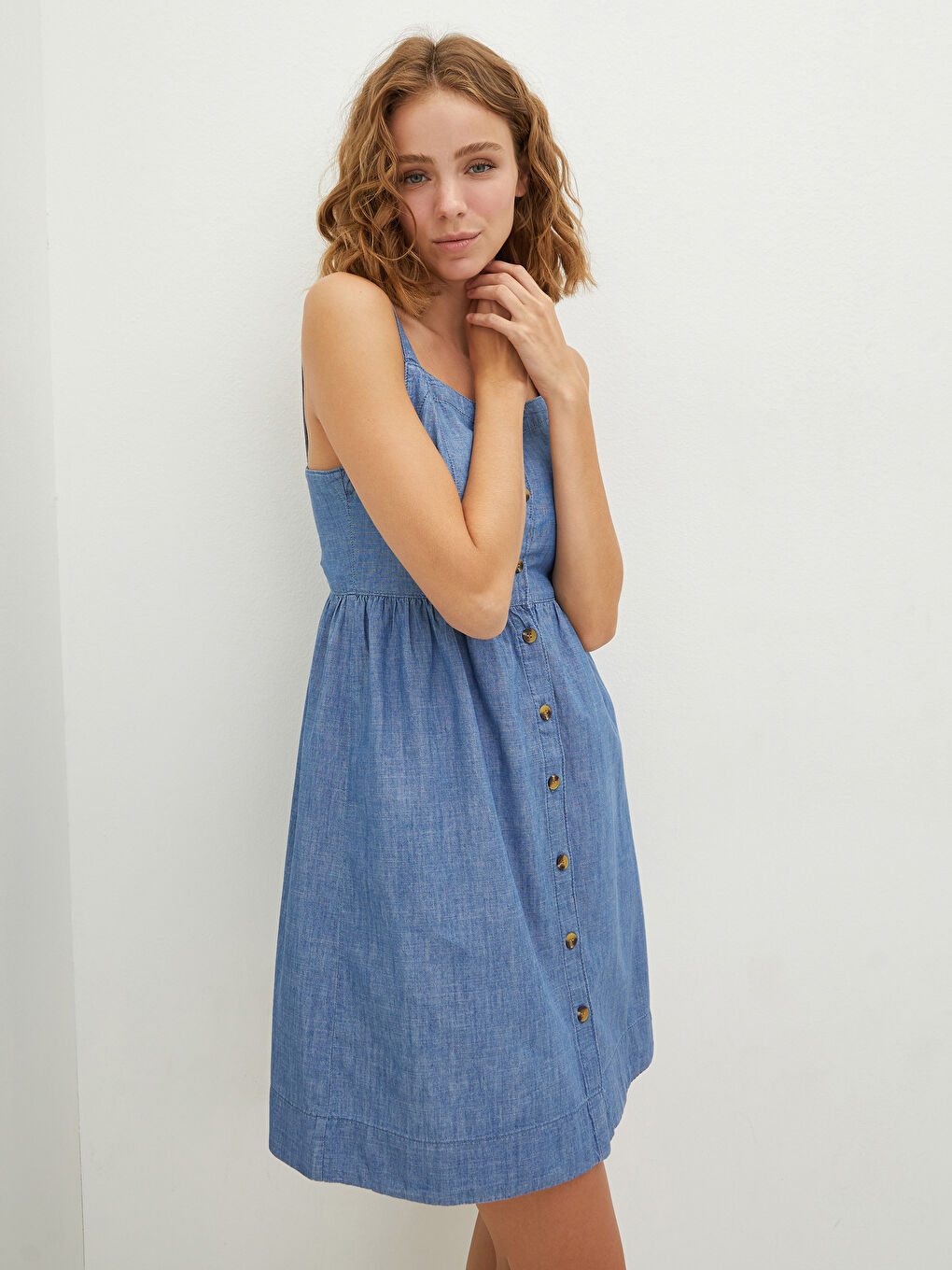 Square Collar Strap Front Button Detailed Women's Rodeo Jean Dress