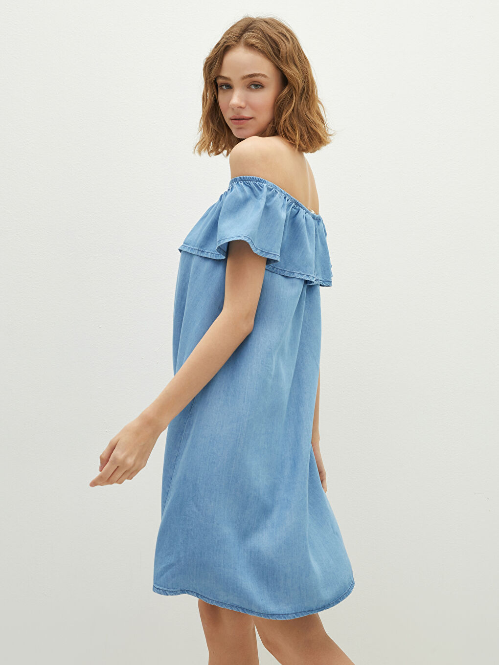 LCW Vision Boat Neck Straight Ruffle Detailed Short Sleeve Women's Rodeo Jean Dress -S1J595Z8-311