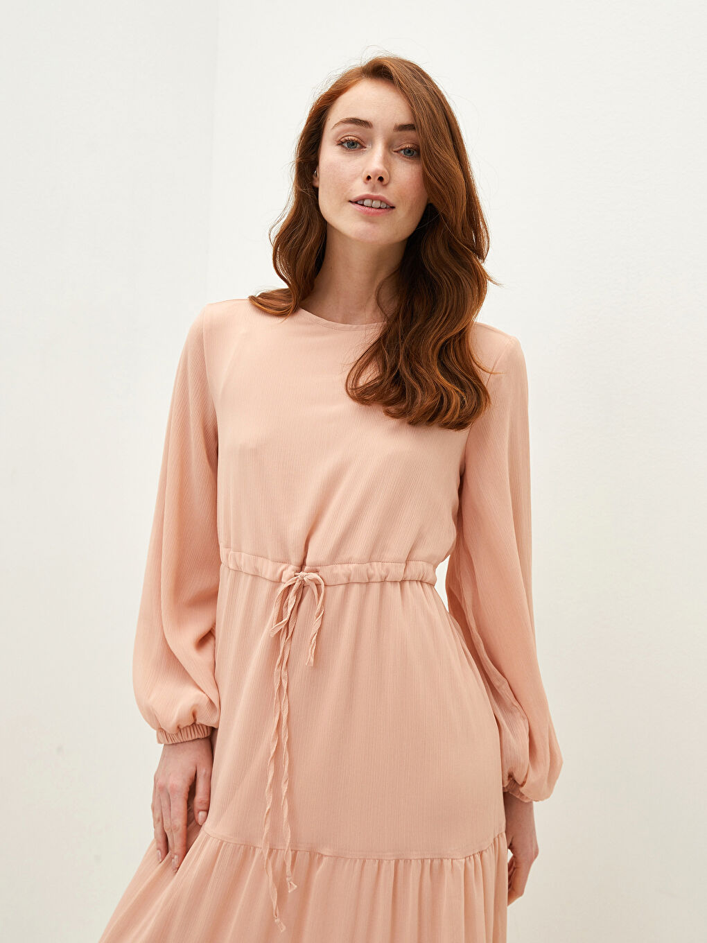 Crew Neck Straight Long Sleeve Women's Chiffon Dress-1