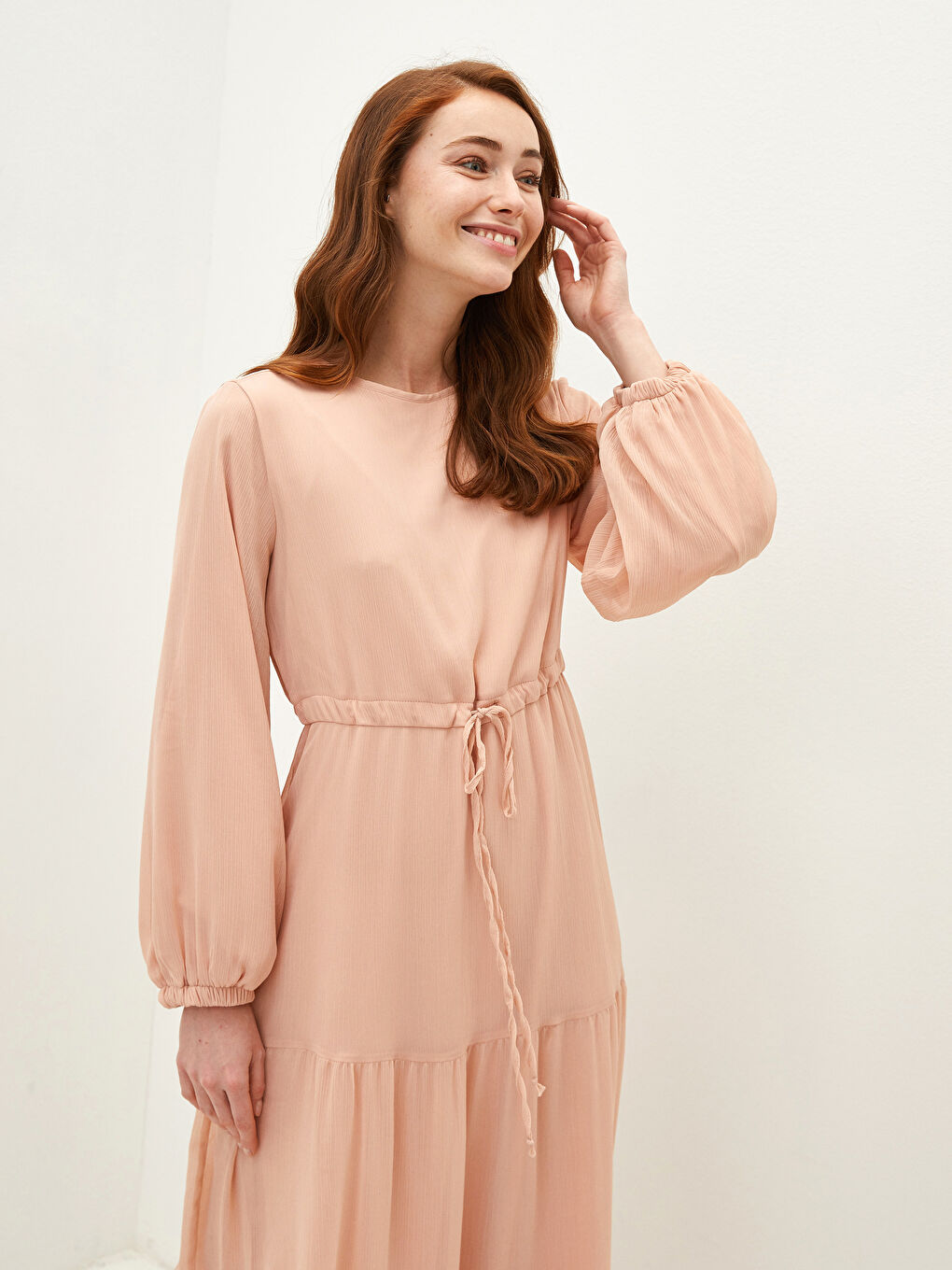 Crew Neck Straight Long Sleeve Women's Chiffon Dress-2