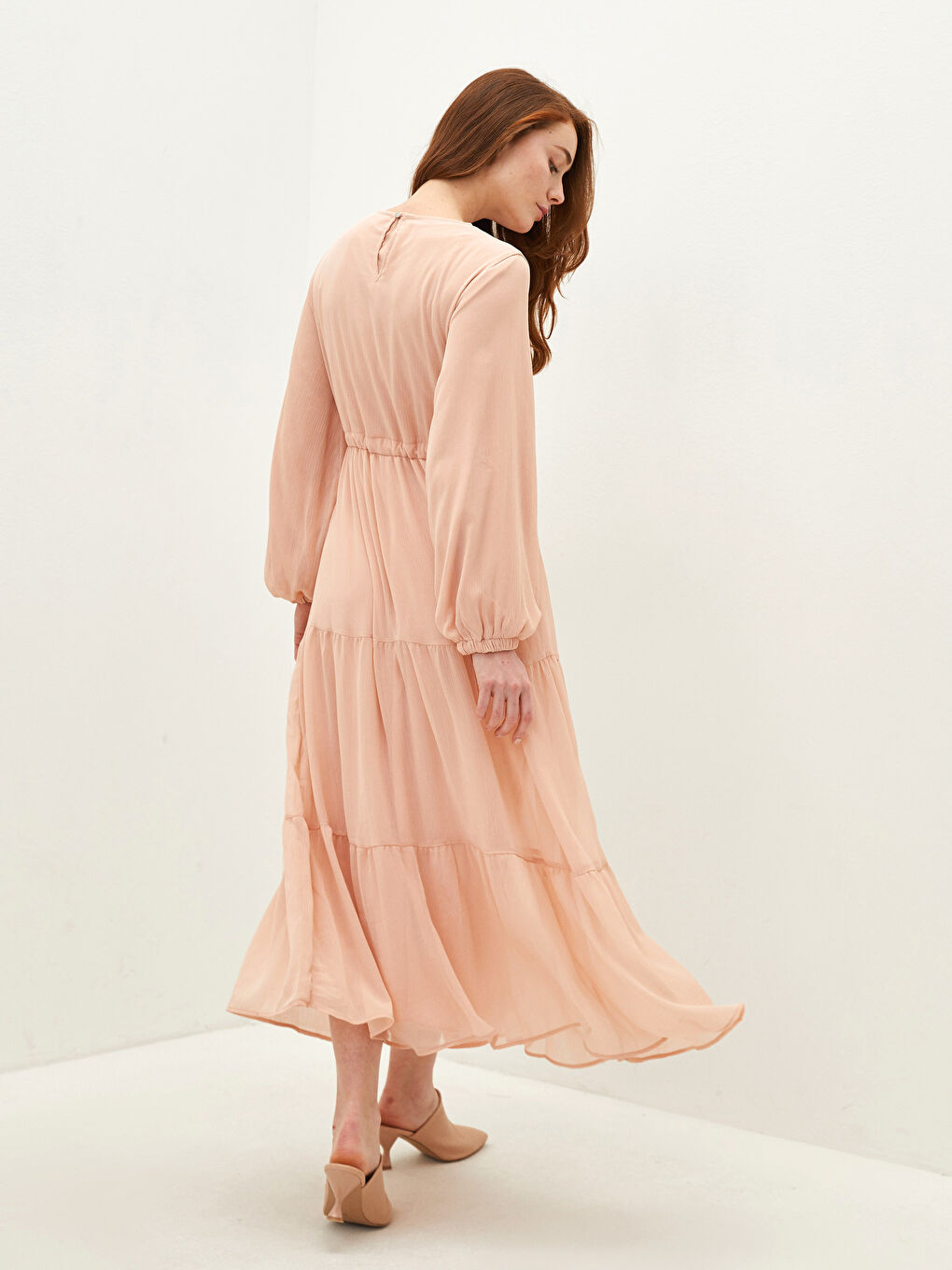Crew Neck Straight Long Sleeve Women's Chiffon Dress-4
