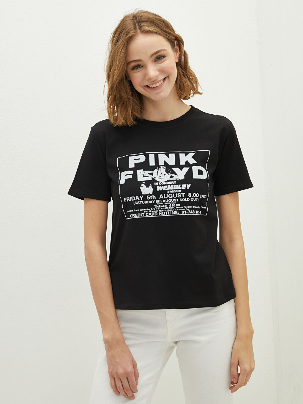LCW Vision Crew Neck Pink Floyd Printed Short Sleeve Cotton Women's T-Shirt -S1J617Z8-HFF