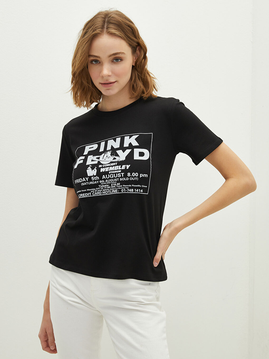 LCW Vision Crew Neck Pink Floyd Printed Short Sleeve Cotton Women's T-Shirt -S1J617Z8-HFF