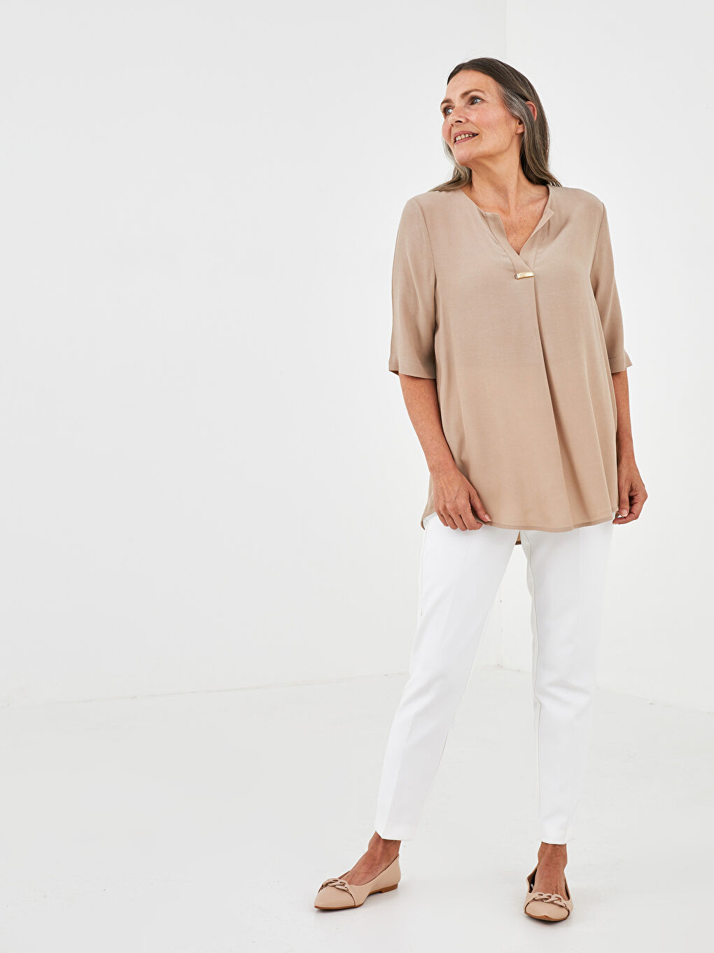 LCW Grace Henley Neckline Short Sleeved Leather Jacket Women's Blouse -S1J733Z8-GE8