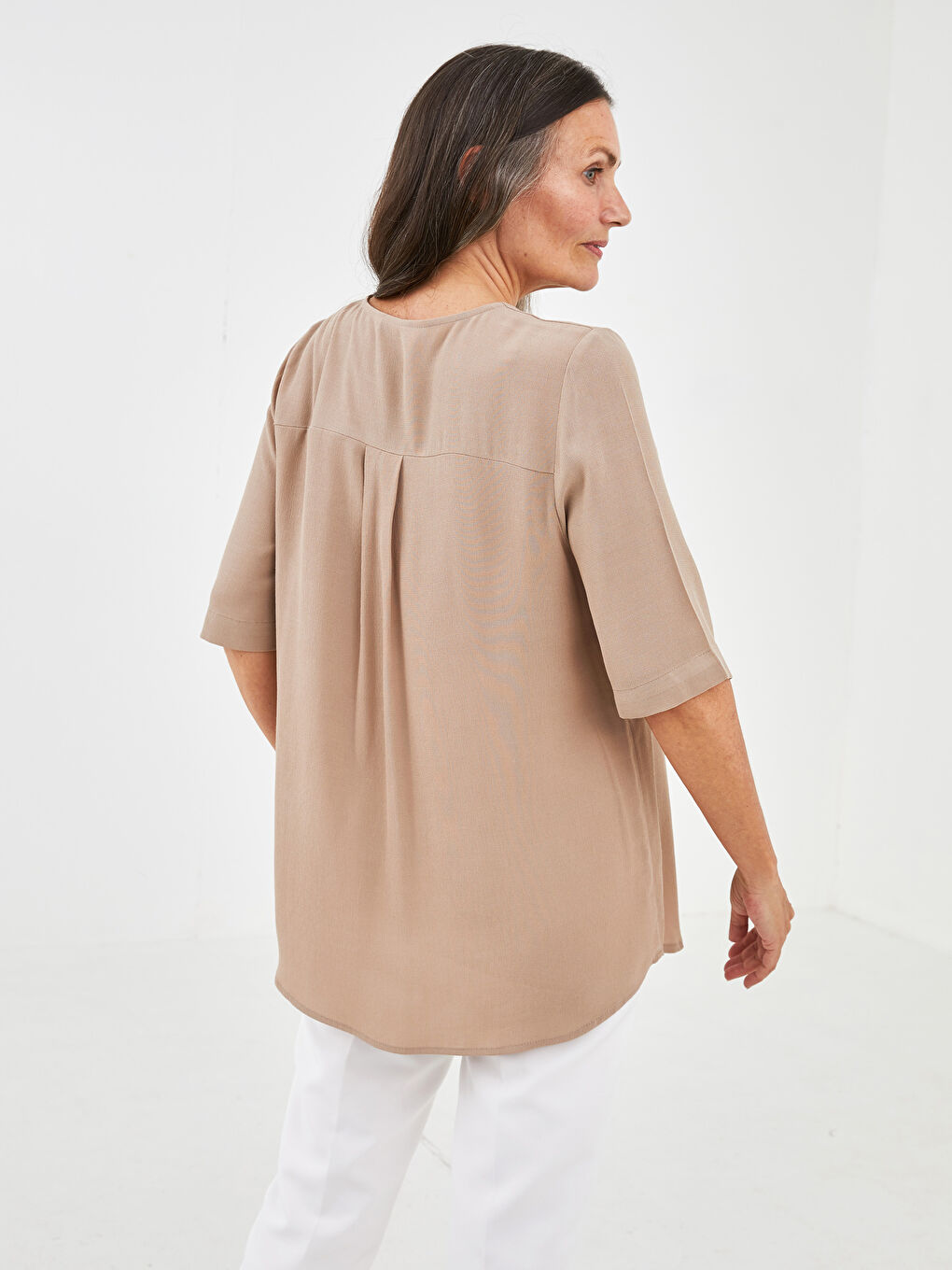 LCW Grace Henley Neckline Short Sleeved Leather Jacket Women's Blouse -S1J733Z8-GE8