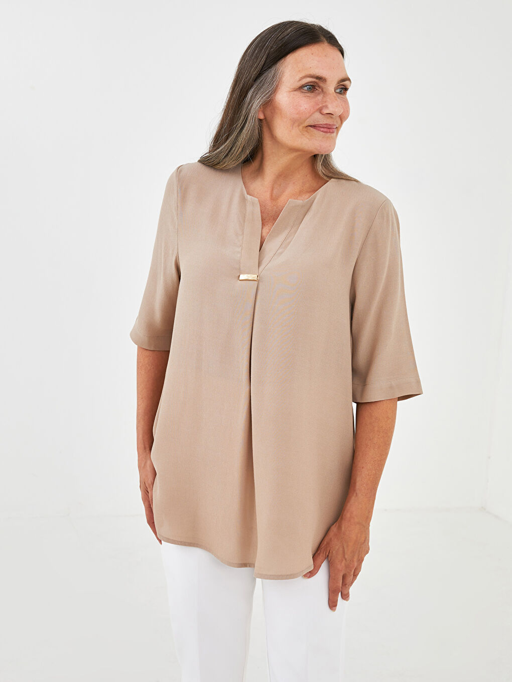 LCW Grace Henley Neckline Short Sleeved Leather Jacket Women's Blouse -S1J733Z8-GE8