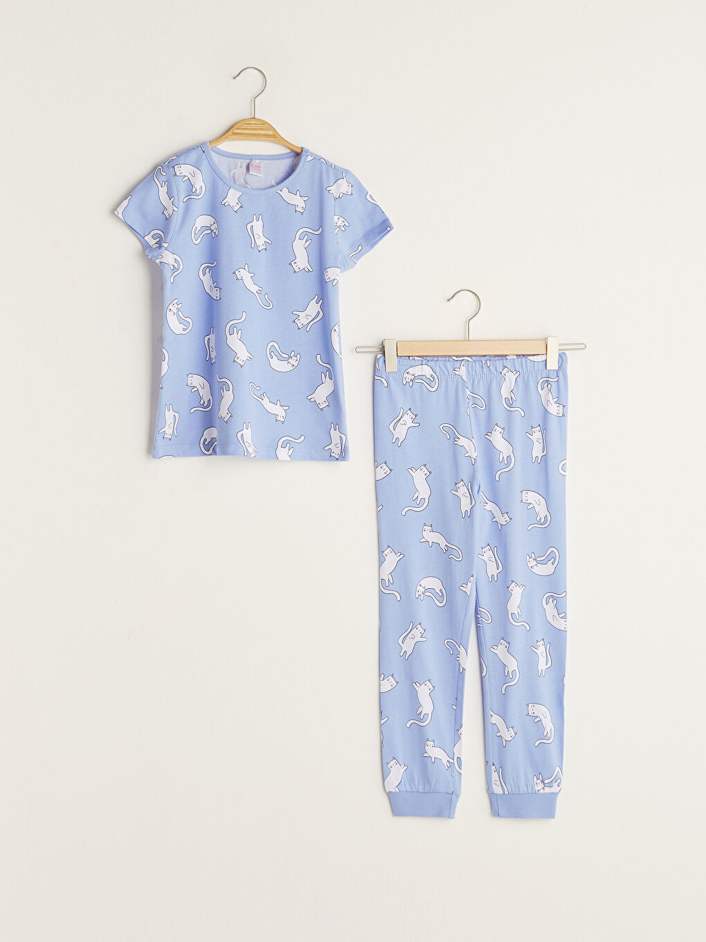 Crew Neck Printed Short Sleeve Cotton Girls Pajamas Set
