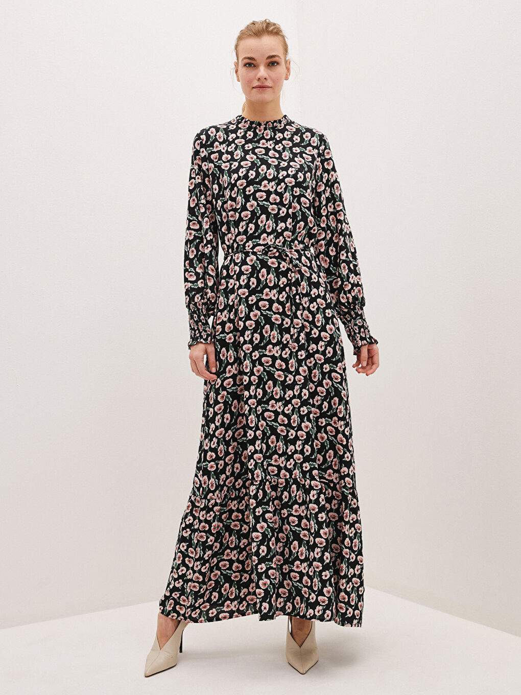 Frilly Collar Floral Printed Long Sleeve Viscose Women Dress