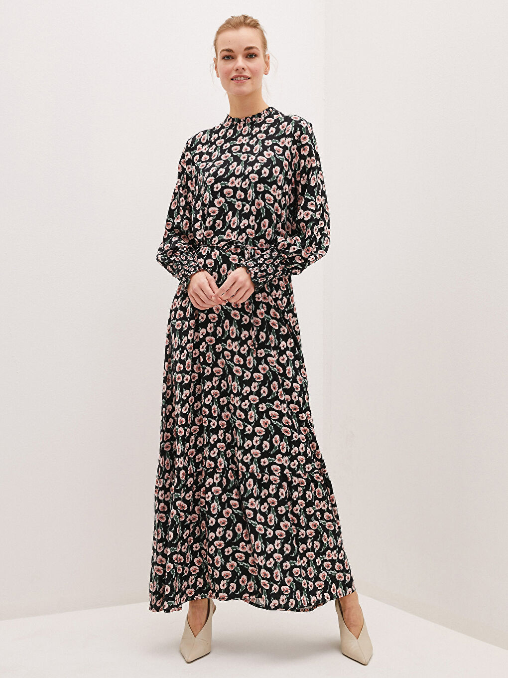 Frilly Collar Floral Printed Long Sleeve Viscose Women Dress-1