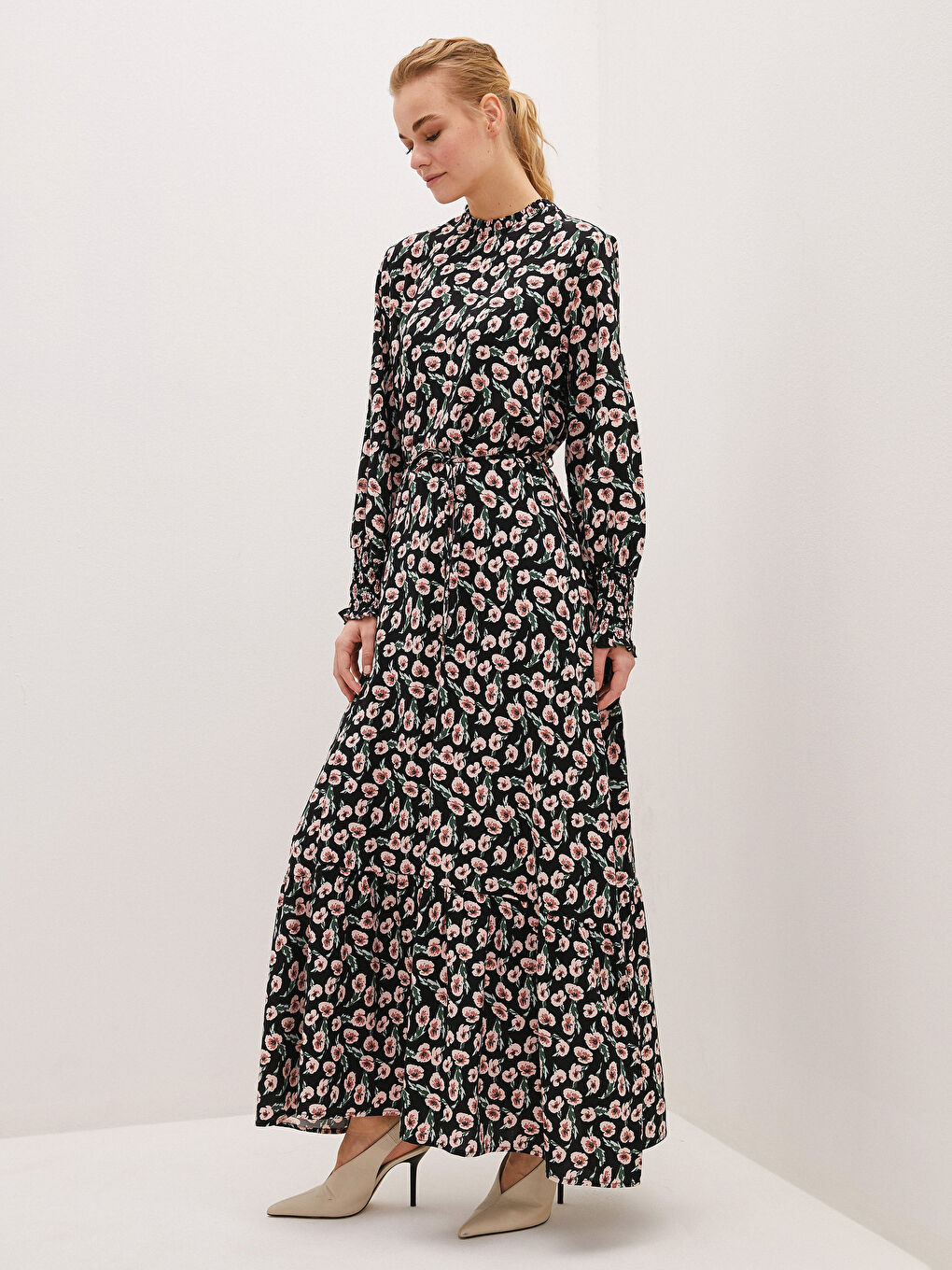 Frilly Collar Floral Printed Long Sleeve Viscose Women Dress-2