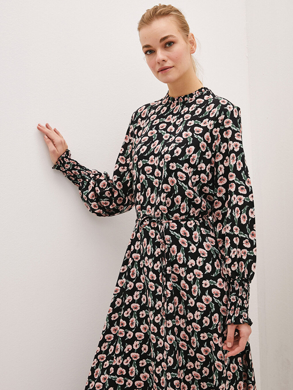 Frilly Collar Floral Printed Long Sleeve Viscose Women Dress-3