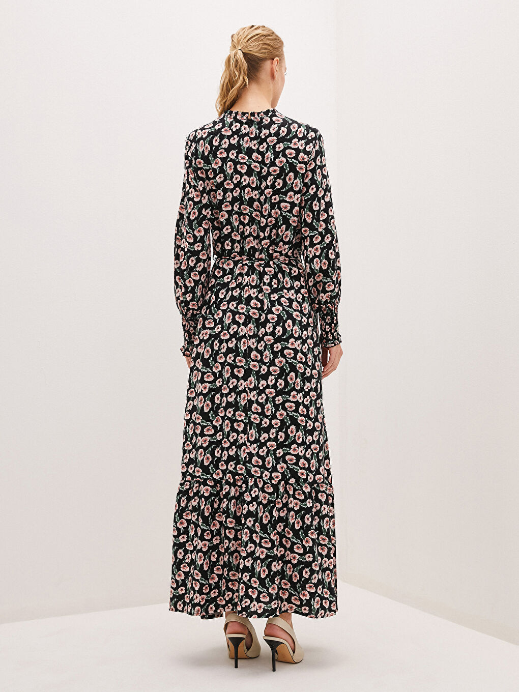 Frilly Collar Floral Printed Long Sleeve Viscose Women Dress-4