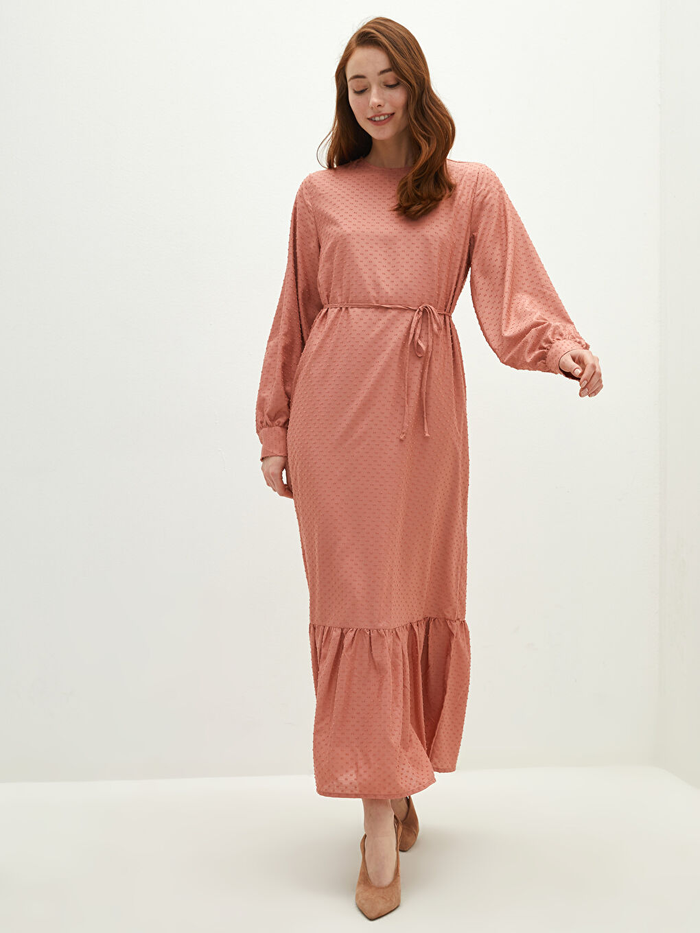 Pembe Bisiklet Yaka Desenli Uzun Kollu Kadın Şifon Elbise