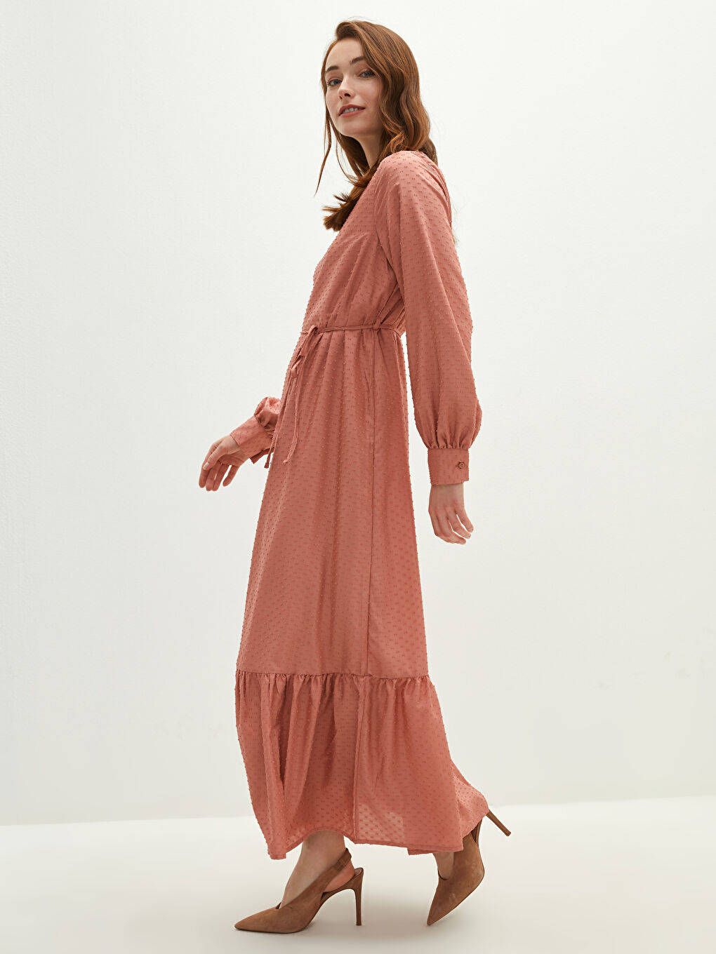 Pembe Bisiklet Yaka Desenli Uzun Kollu Kadın Şifon Elbise-1