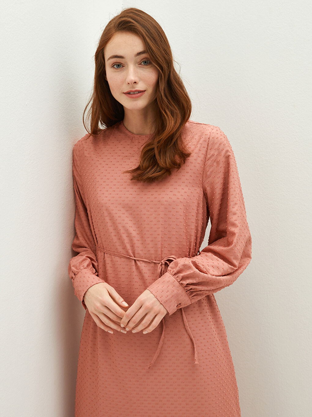 Pembe Bisiklet Yaka Desenli Uzun Kollu Kadın Şifon Elbise-2