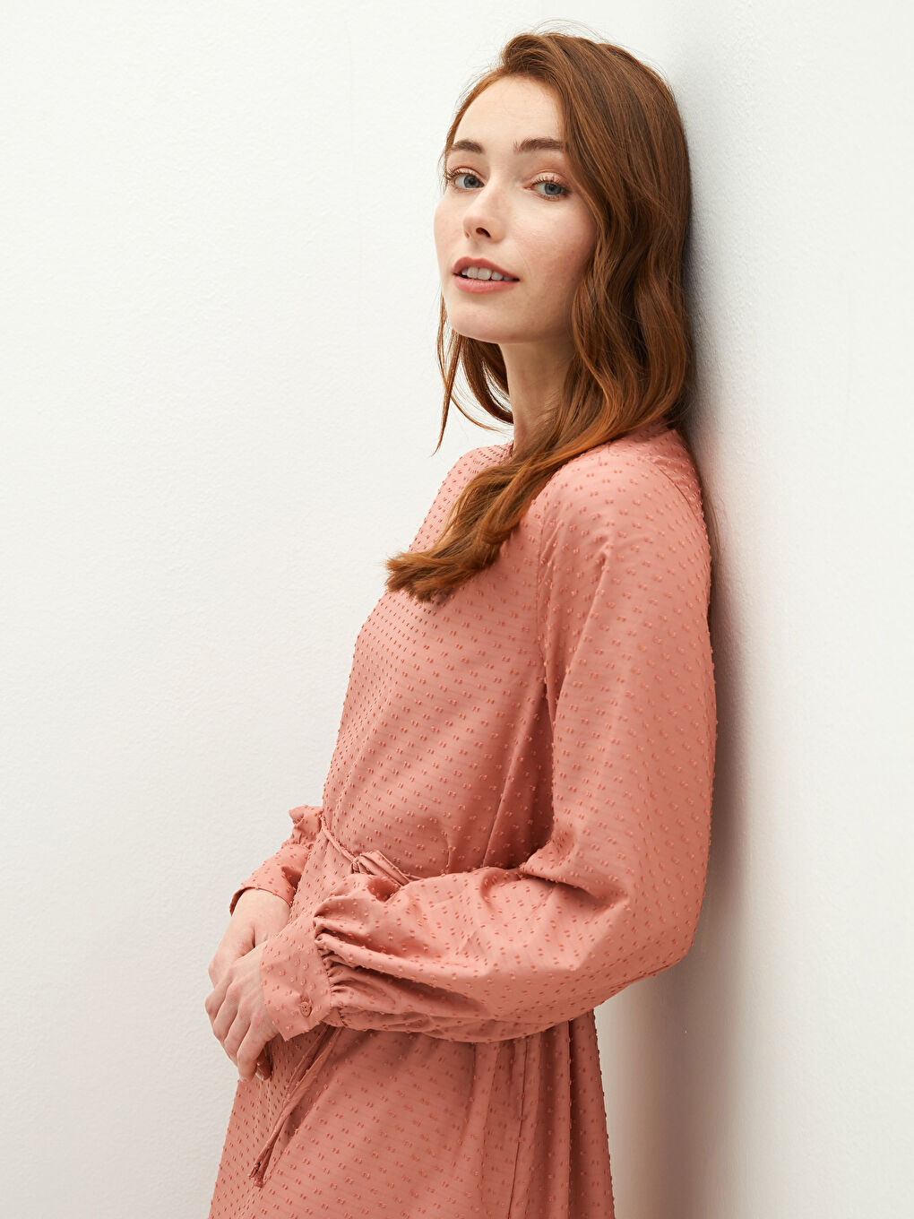 Pembe Bisiklet Yaka Desenli Uzun Kollu Kadın Şifon Elbise-3