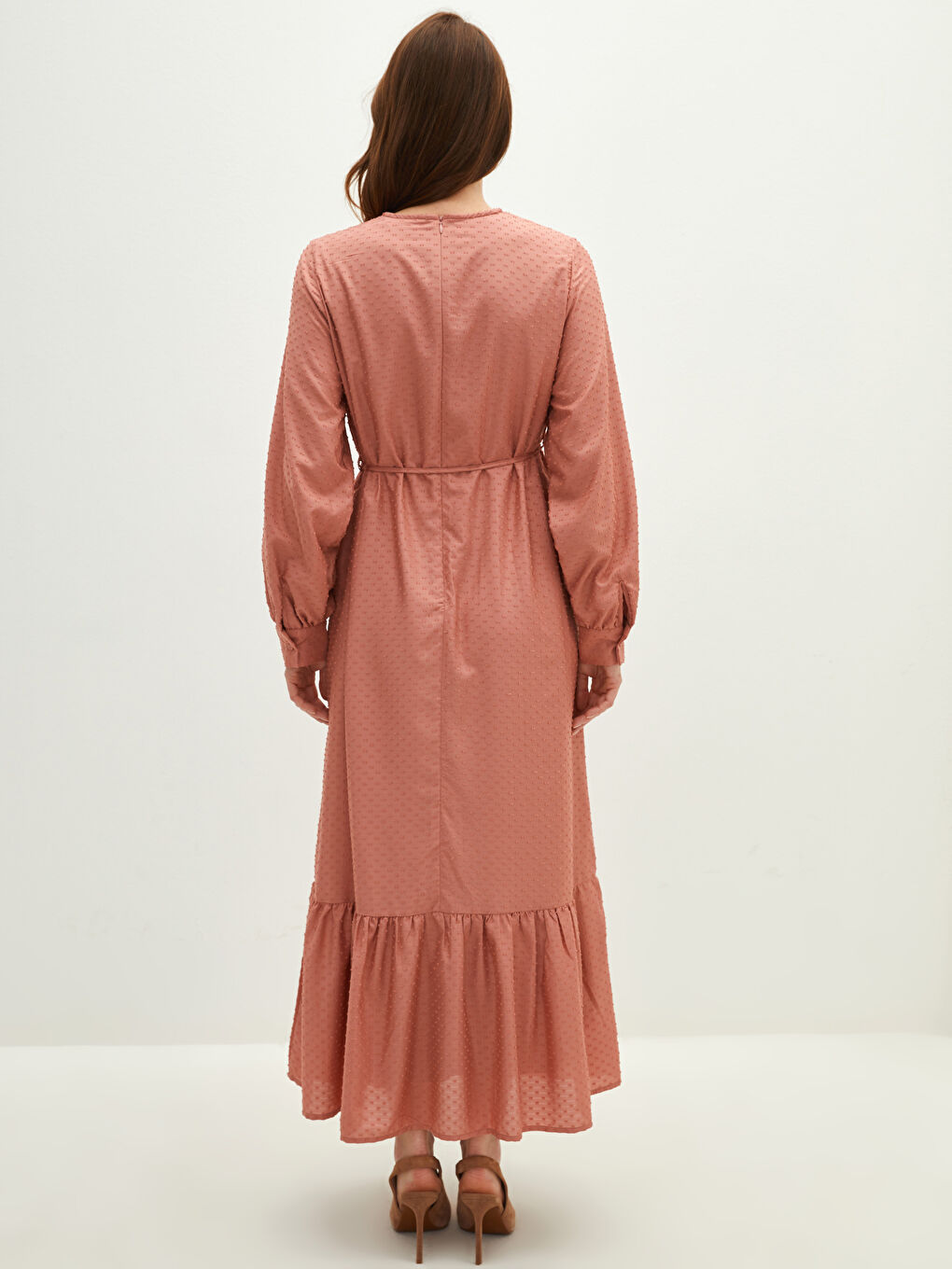 Pembe Bisiklet Yaka Desenli Uzun Kollu Kadın Şifon Elbise-5