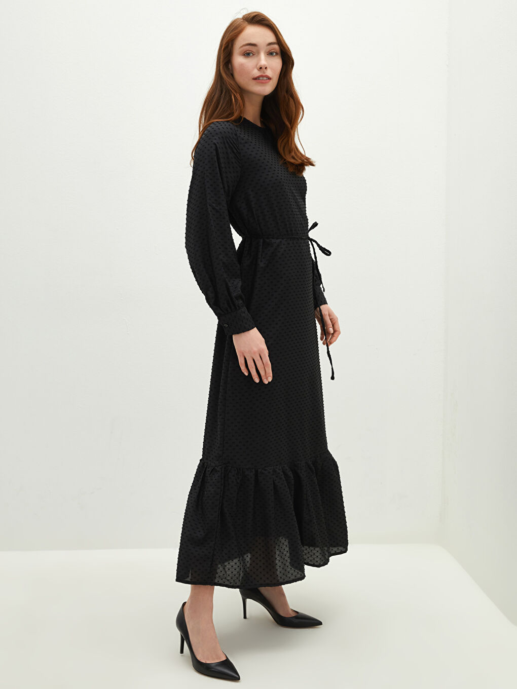 Siyah Bisiklet Yaka Desenli Uzun Kollu Kadın Şifon Elbise-2