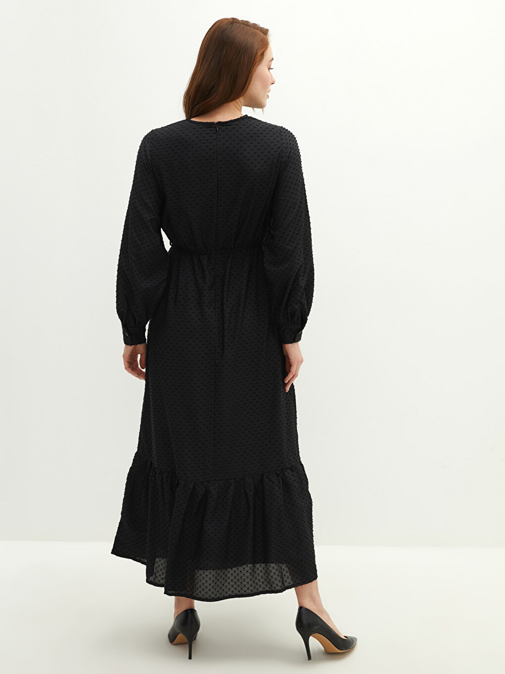 Siyah Bisiklet Yaka Desenli Uzun Kollu Kadın Şifon Elbise-5