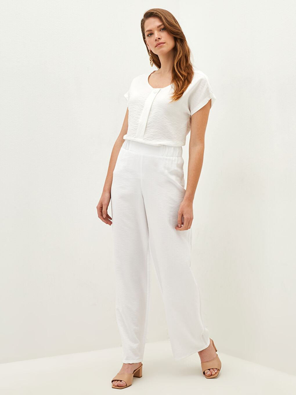 Ekru Beli Lastikli Düz Belmando Kumaş Kadın Pantolon-1