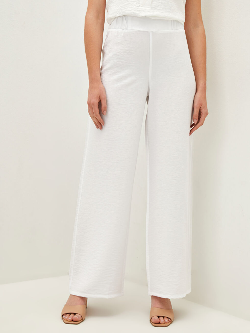 Ekru Beli Lastikli Düz Belmando Kumaş Kadın Pantolon-2