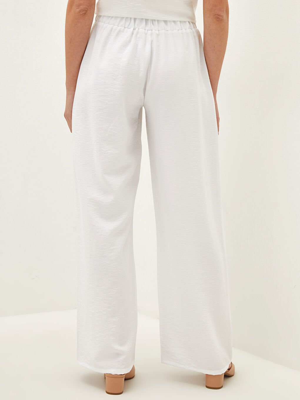 Ekru Beli Lastikli Düz Belmando Kumaş Kadın Pantolon-3