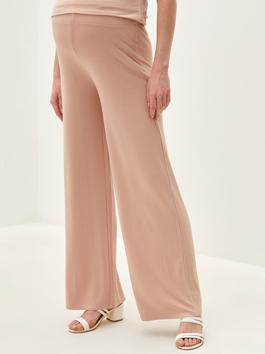 Pembe Beli Lastikli Düz Geniş Paça Kaşkorse Kumaş Hamile Eşofman Altı-5