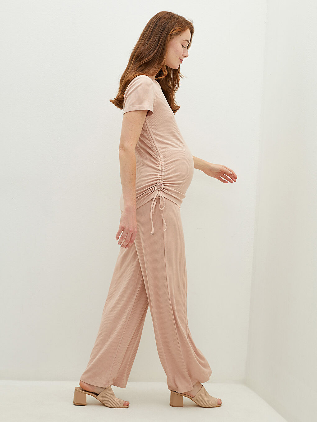 Pembe Beli Lastikli Düz Geniş Paça Kaşkorse Kumaş Hamile Eşofman Altı-3