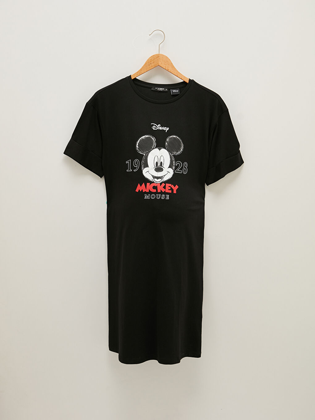 Siyah Bisiklet Yaka Mickey Mouse Baskılı Kısa Kollu Pamuklu Hamile Elbise-6