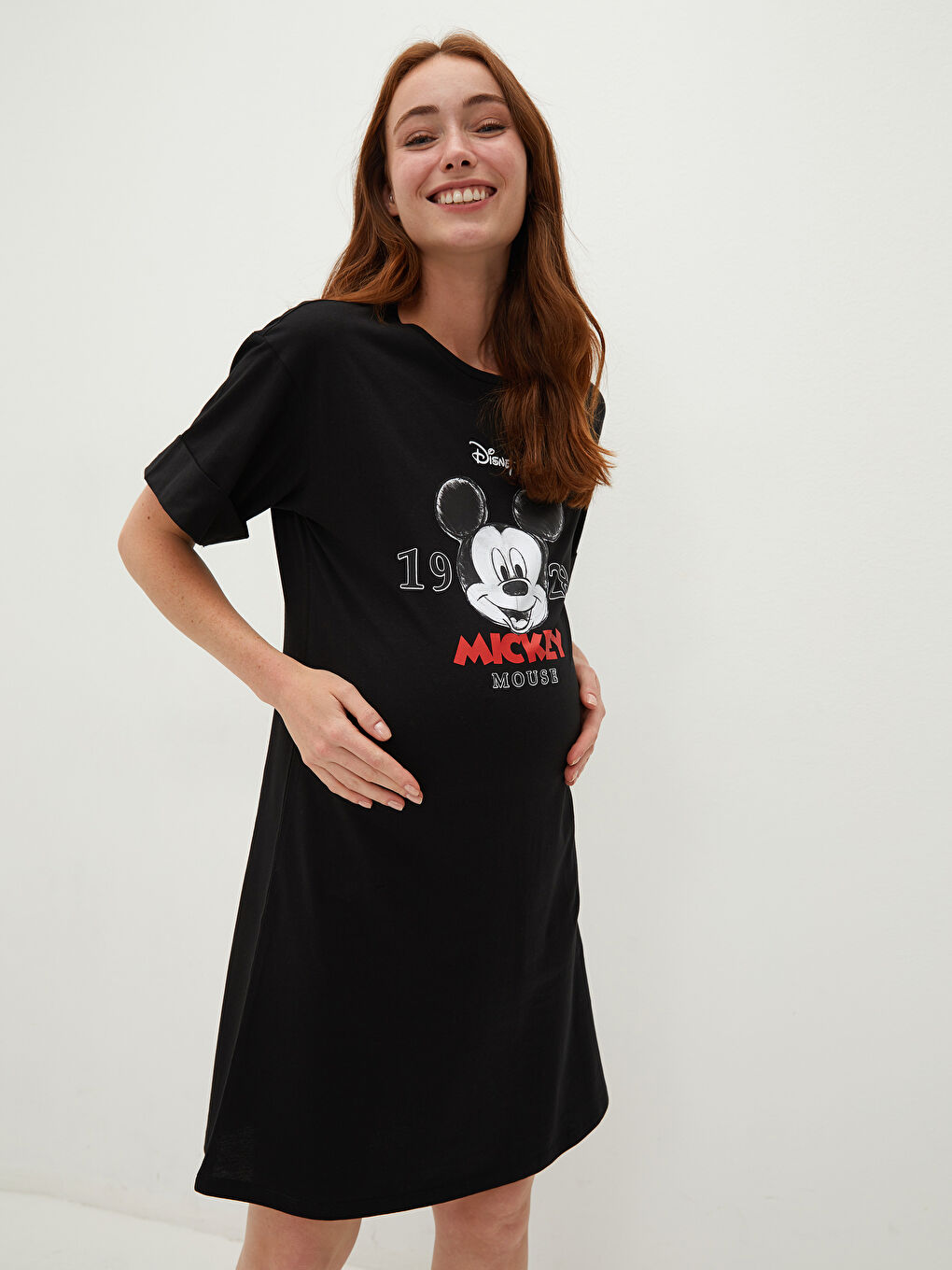 Siyah Bisiklet Yaka Mickey Mouse Baskılı Kısa Kollu Pamuklu Hamile Elbise-2