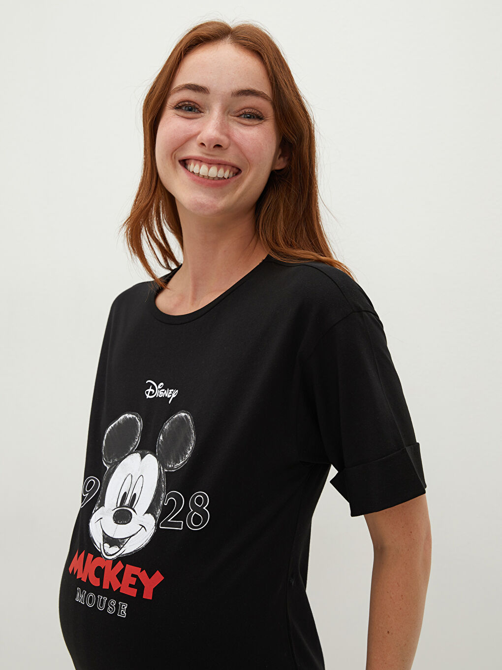 Siyah Bisiklet Yaka Mickey Mouse Baskılı Kısa Kollu Pamuklu Hamile Elbise-3