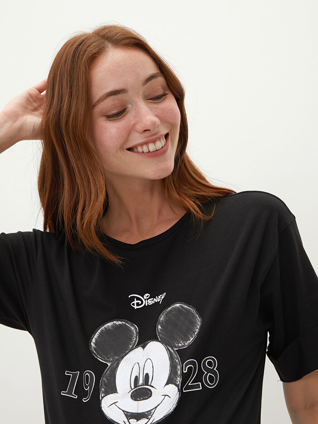 Siyah Bisiklet Yaka Mickey Mouse Baskılı Kısa Kollu Pamuklu Hamile Elbise-4