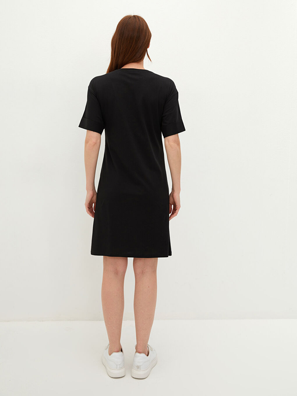 Siyah Bisiklet Yaka Mickey Mouse Baskılı Kısa Kollu Pamuklu Hamile Elbise-5