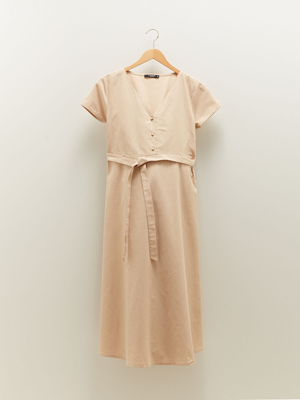 V-Neck Straight Waist Belted Short Sleeve Cotton Maternity Dress-5