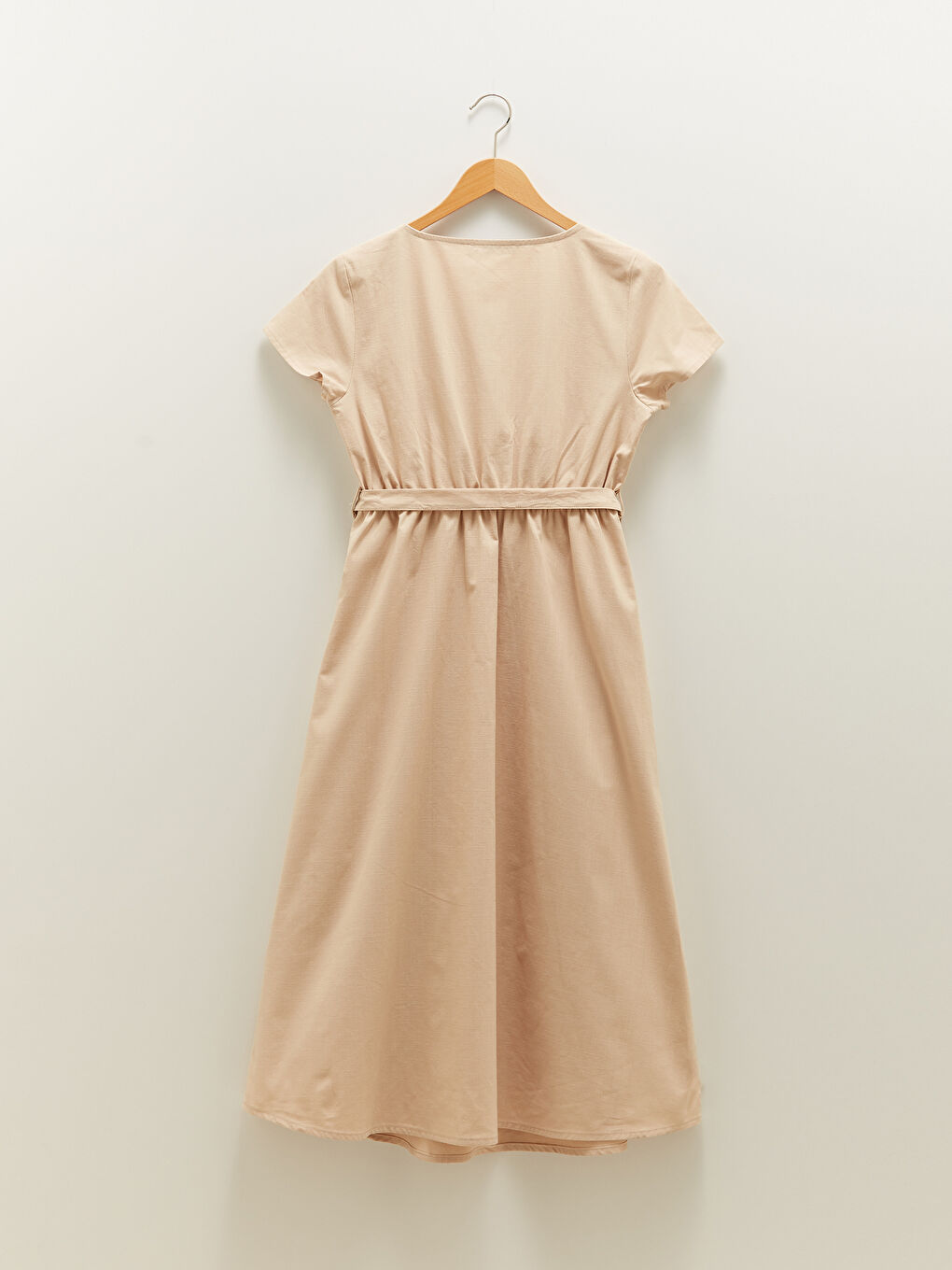 V-Neck Straight Waist Belted Short Sleeve Cotton Maternity Dress-6