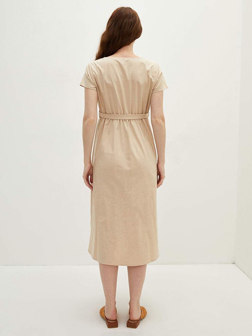V-Neck Straight Waist Belted Short Sleeve Cotton Maternity Dress-4