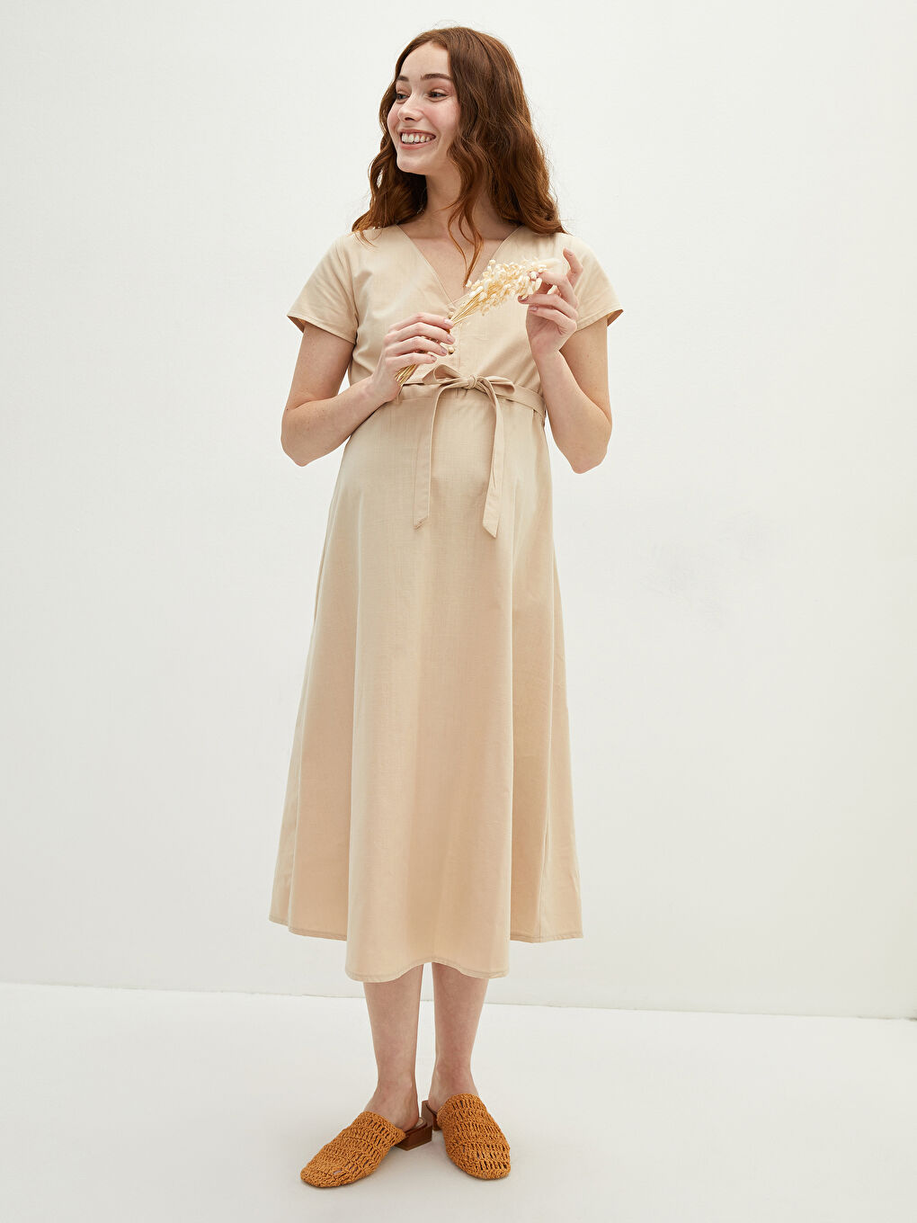 V-Neck Straight Waist Belted Short Sleeve Cotton Maternity Dress