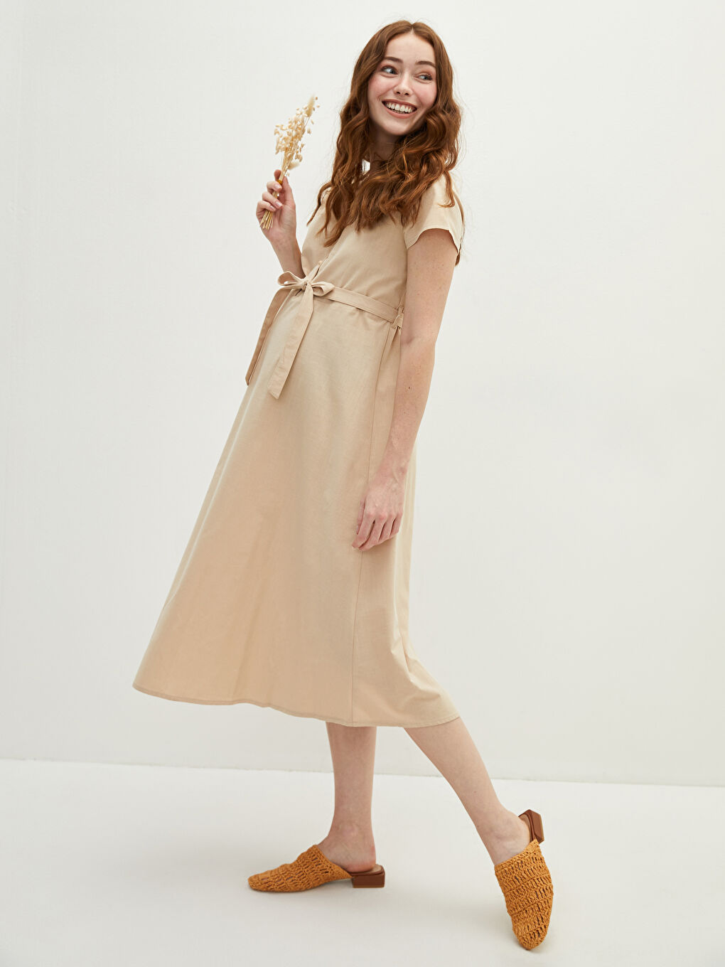 V-Neck Straight Waist Belted Short Sleeve Cotton Maternity Dress-1