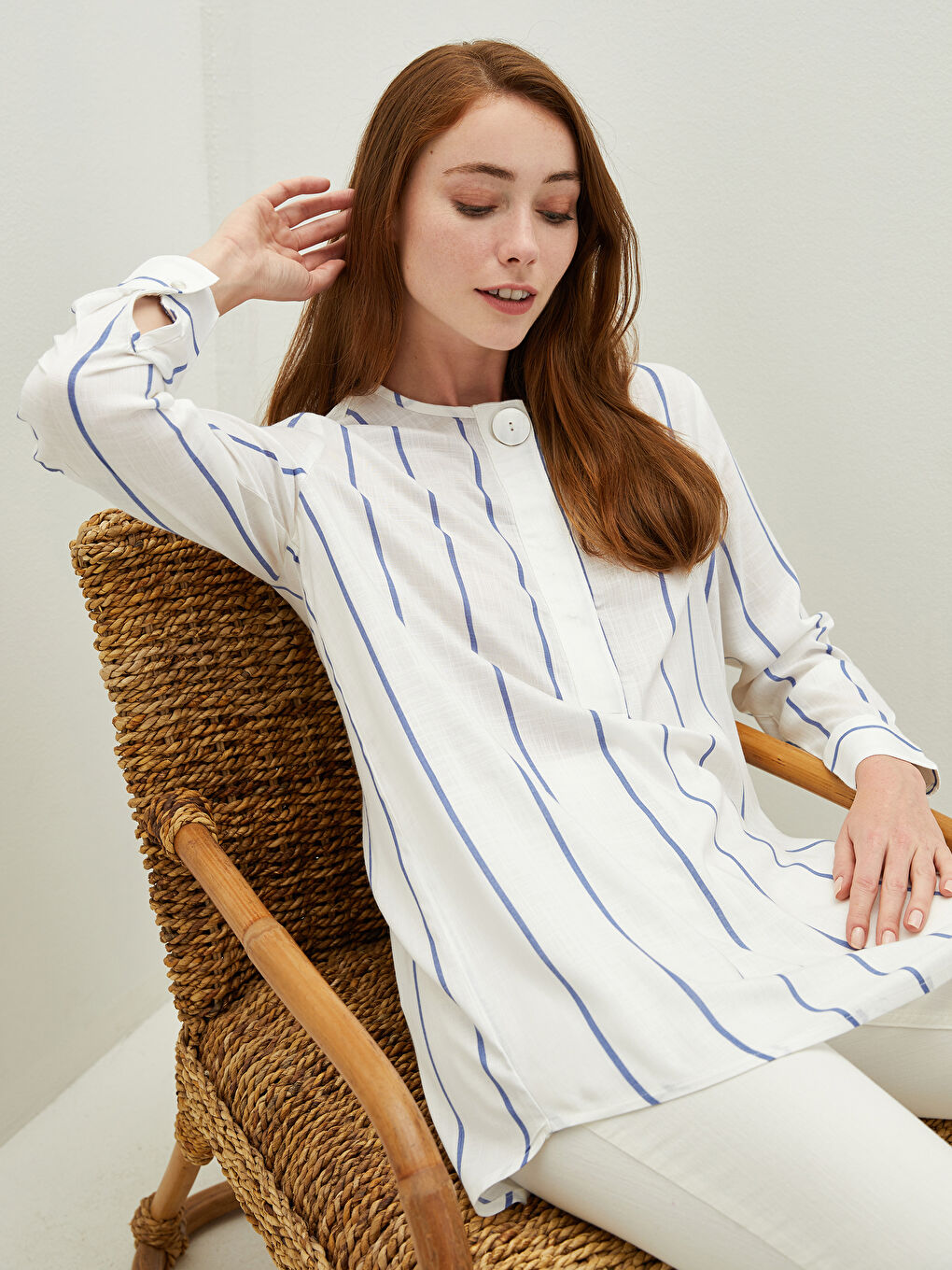 Okrugli izrez Prugasto Dugi rukav Viskoza Ženska Tunika-1