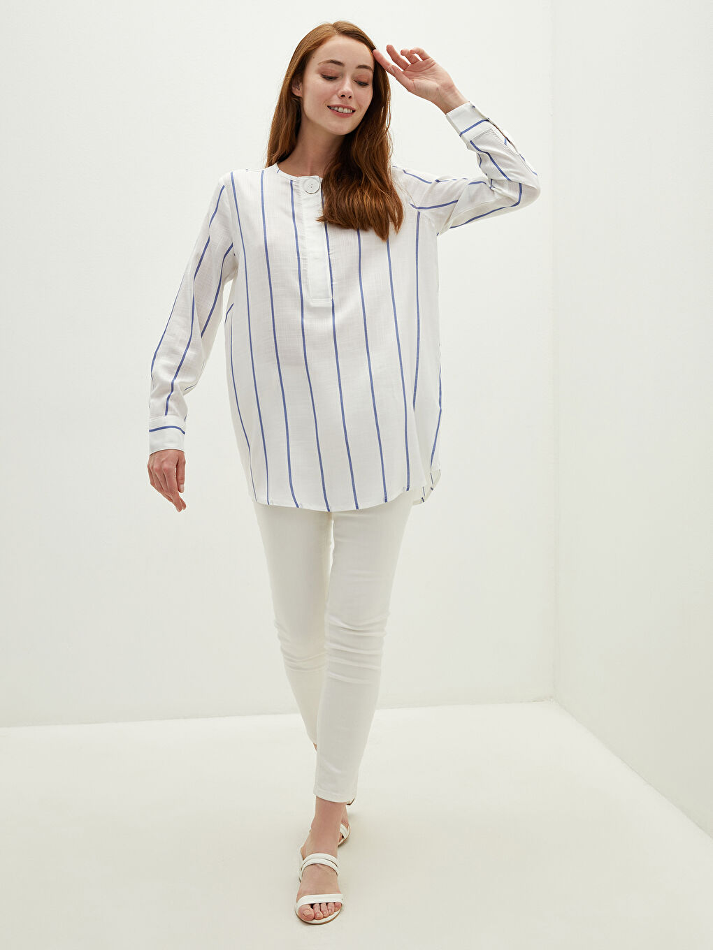 Okrugli izrez Prugasto Dugi rukav Viskoza Ženska Tunika-3