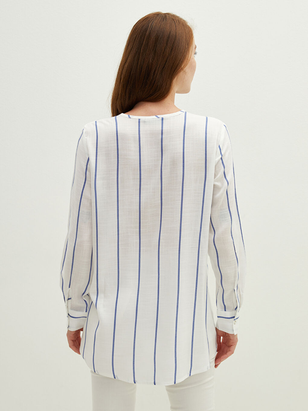 Okrugli izrez Prugasto Dugi rukav Viskoza Ženska Tunika-4