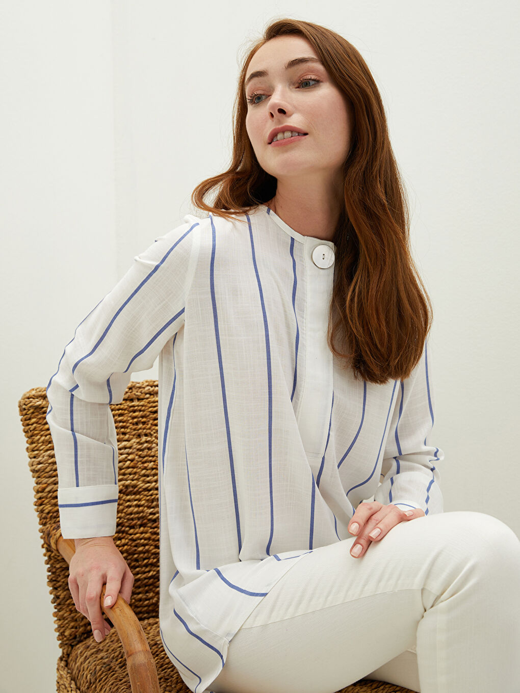 Okrugli izrez Prugasto Dugi rukav Viskoza Ženska Tunika-5