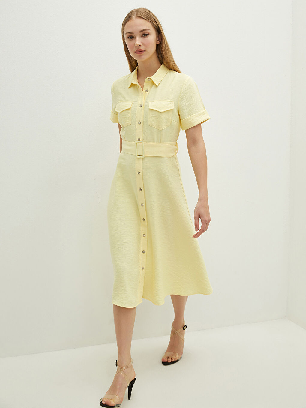 Buttoned Shirt Collar Waist Belt Short Sleeve Women Dress