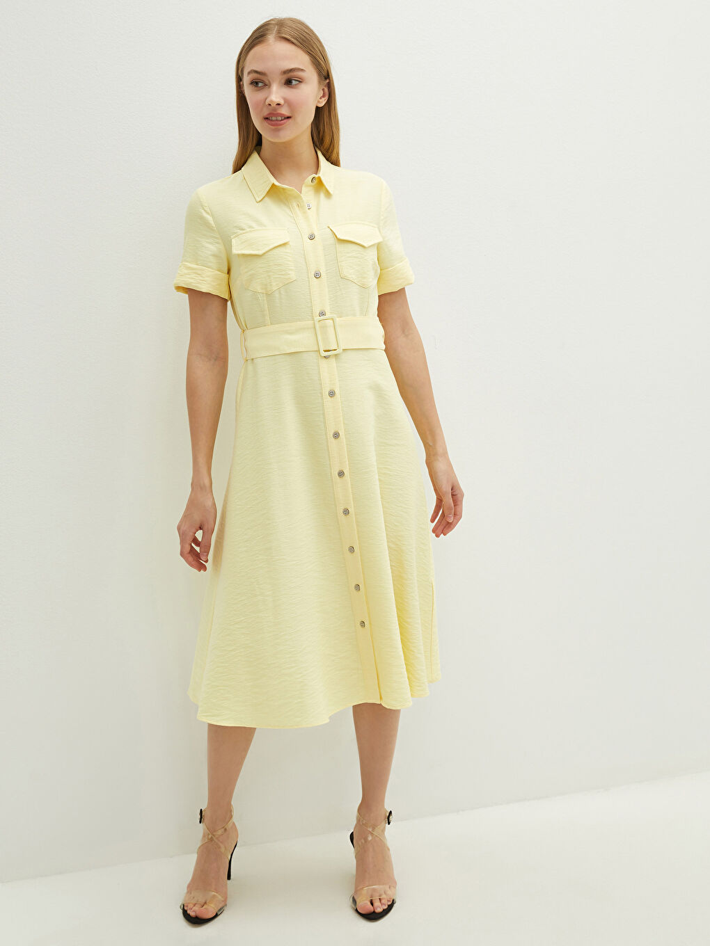 Buttoned Shirt Collar Waist Belt Short Sleeve Women Dress-1